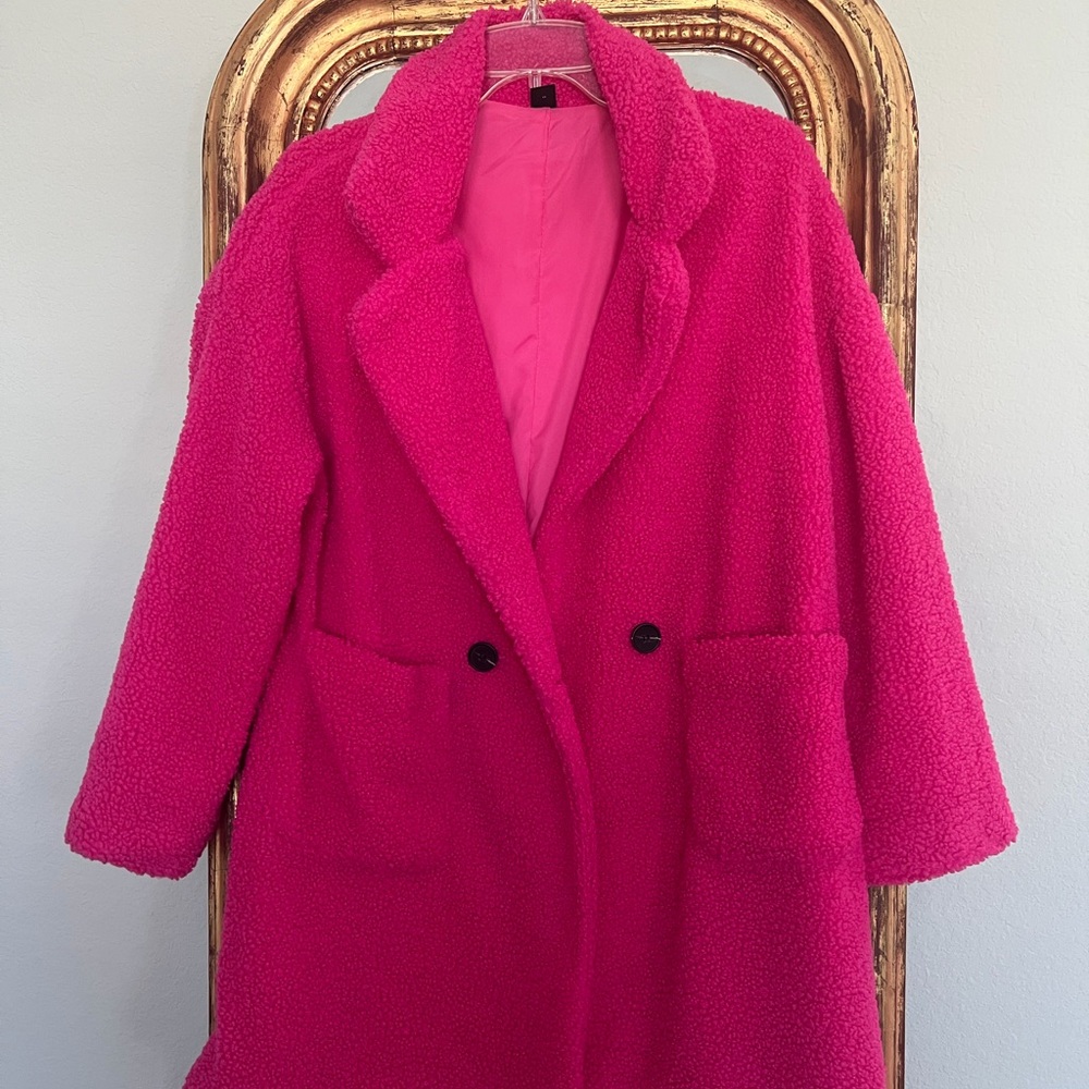 SHEIN Hot Pink Teddy Coat with Patch Pockets